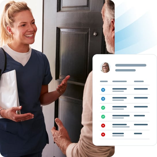 Nurse entering front door of a patient’s home as part of an In-home care visit and medication management at transitions of care
