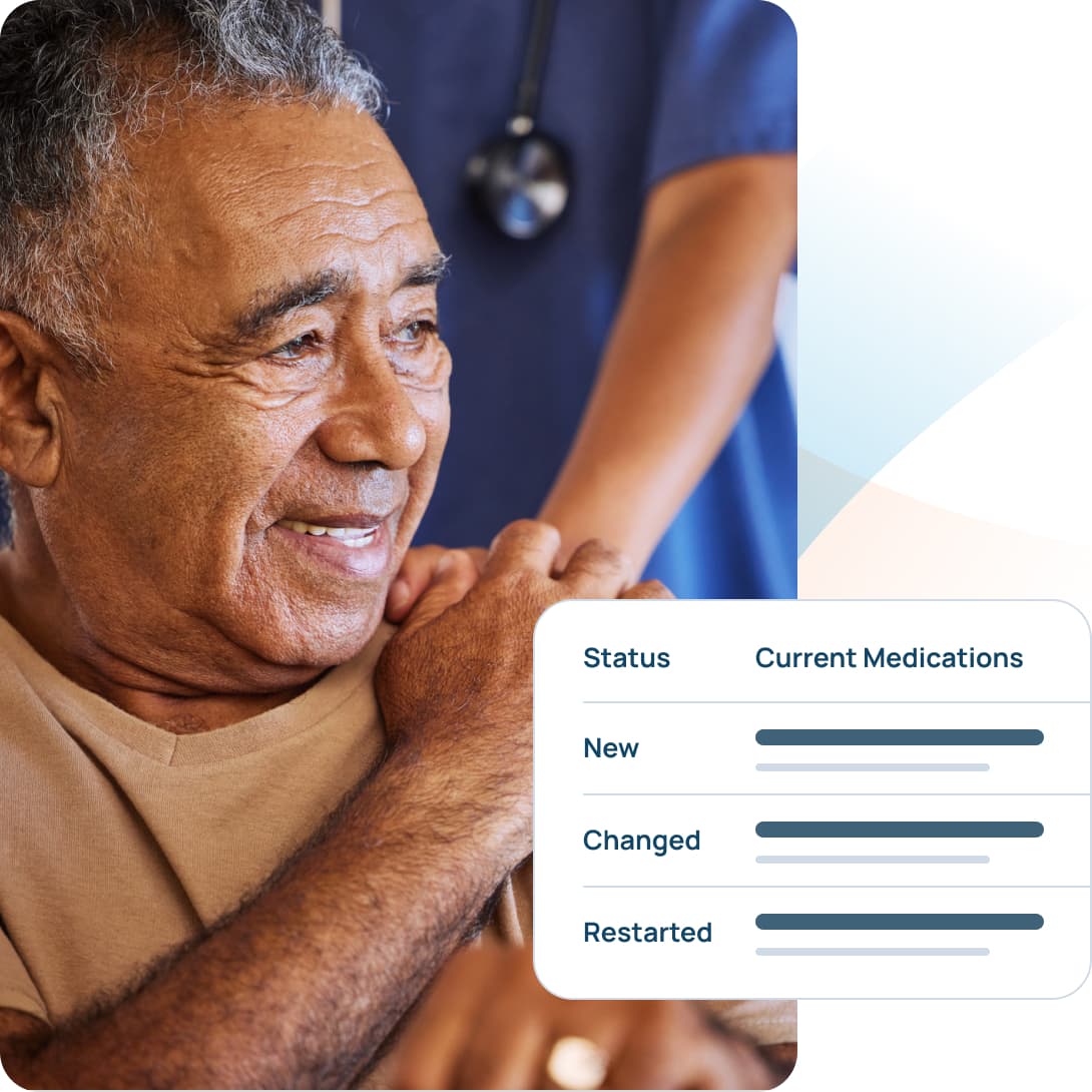 Nurse caregiver holding hand of her senior patient in a long-term care facility or other care setting.