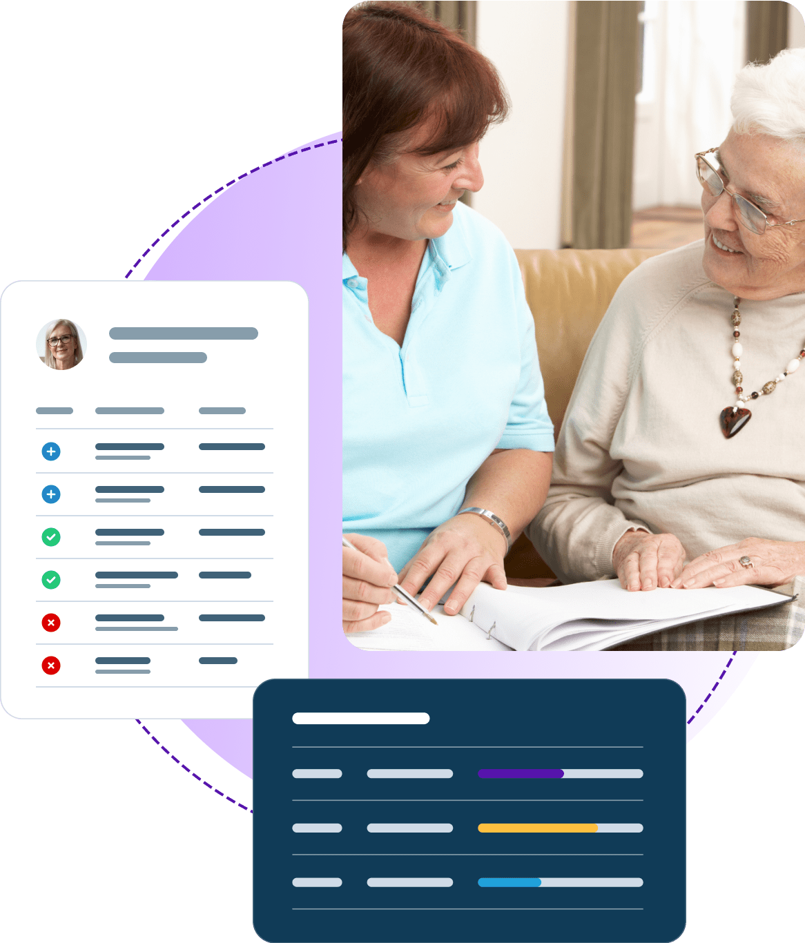 An image of a patient and caregiver in the home with illustrated medication review documents.